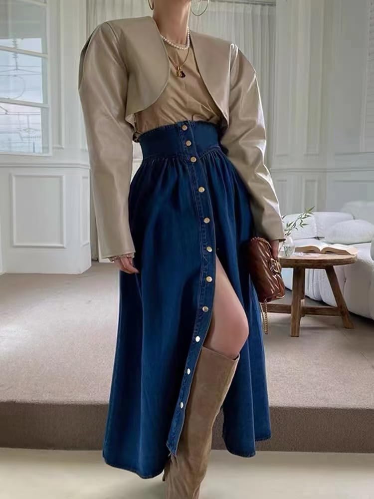 Women High Waist Long Denim Skirt Button Down Swing A-Line Jean Maxi Skirt with Pockets - Image 2