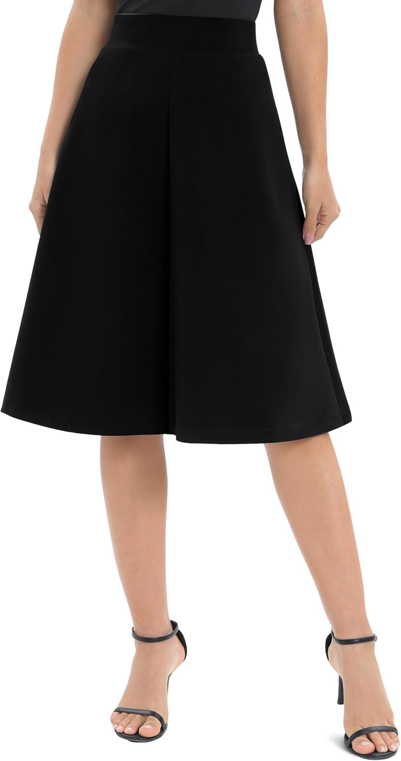 Women A-Line Elastic High Waist Flare Work Midi Knee Length Stretchy Skirt - Image 2