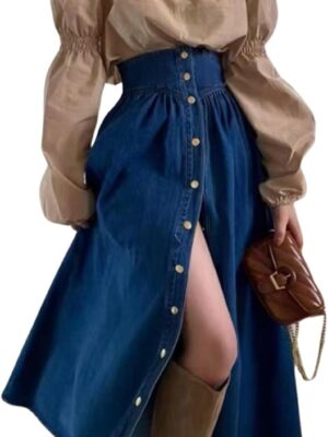 Women High Waist Long Denim Skirt Button Down Swing A-Line Jean Maxi Skirt with Pockets