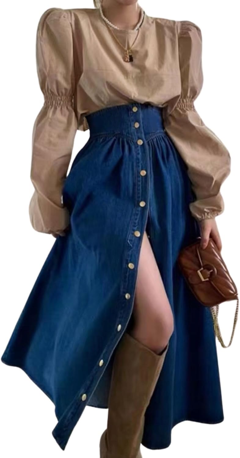 Women High Waist Long Denim Skirt Button Down Swing A-Line Jean Maxi Skirt with Pockets
