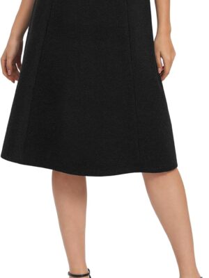 Women A-Line Elastic High Waist Flare Work Midi Knee Length Stretchy Skirt