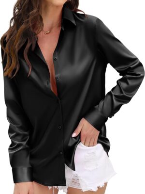 Womens Soft Satin Silk Leopard Button Down Shirts for Women Silky Long Sleeve Work Shirt Dress Blouses Tops