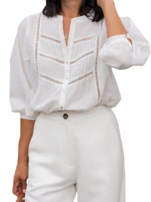Women's Button Down Shirts Lace Blouses Bracelet Sleeves Round Neck Loose Pleated Cotton Tops