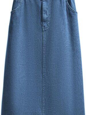 Women Summer Casual Elastic Waist Pockets Work Midi Denim A Line Skirt