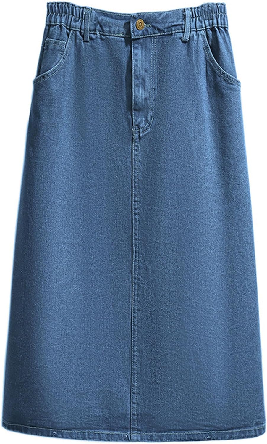 Women Summer Casual Elastic Waist Pockets Work Midi Denim A Line Skirt