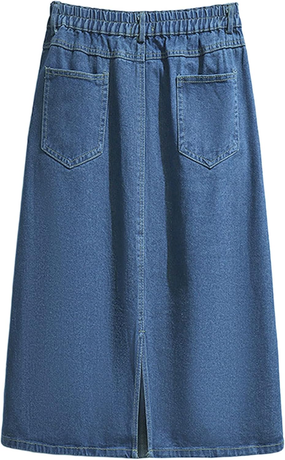 Women Summer Casual Elastic Waist Pockets Work Midi Denim A Line Skirt - Image 2