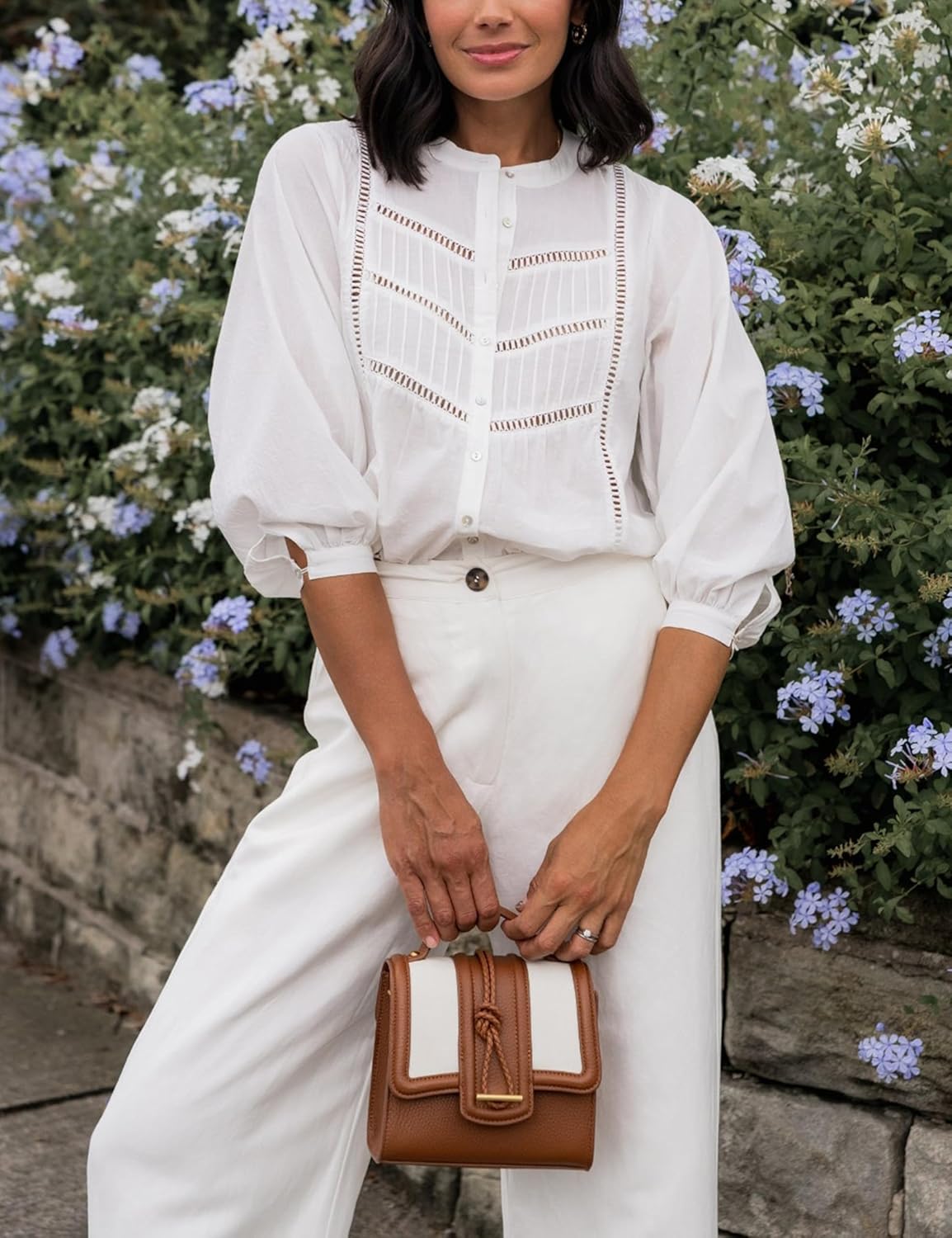 Women's Button Down Shirts Lace Blouses Bracelet Sleeves Round Neck Loose Pleated Cotton Tops - Image 2