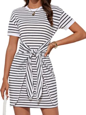 Striped Shirt Dresses for Women Front Tie Crewneck Wrap Dress Short Sleeve T-Shirt Casual Mini Bodycon Dress
