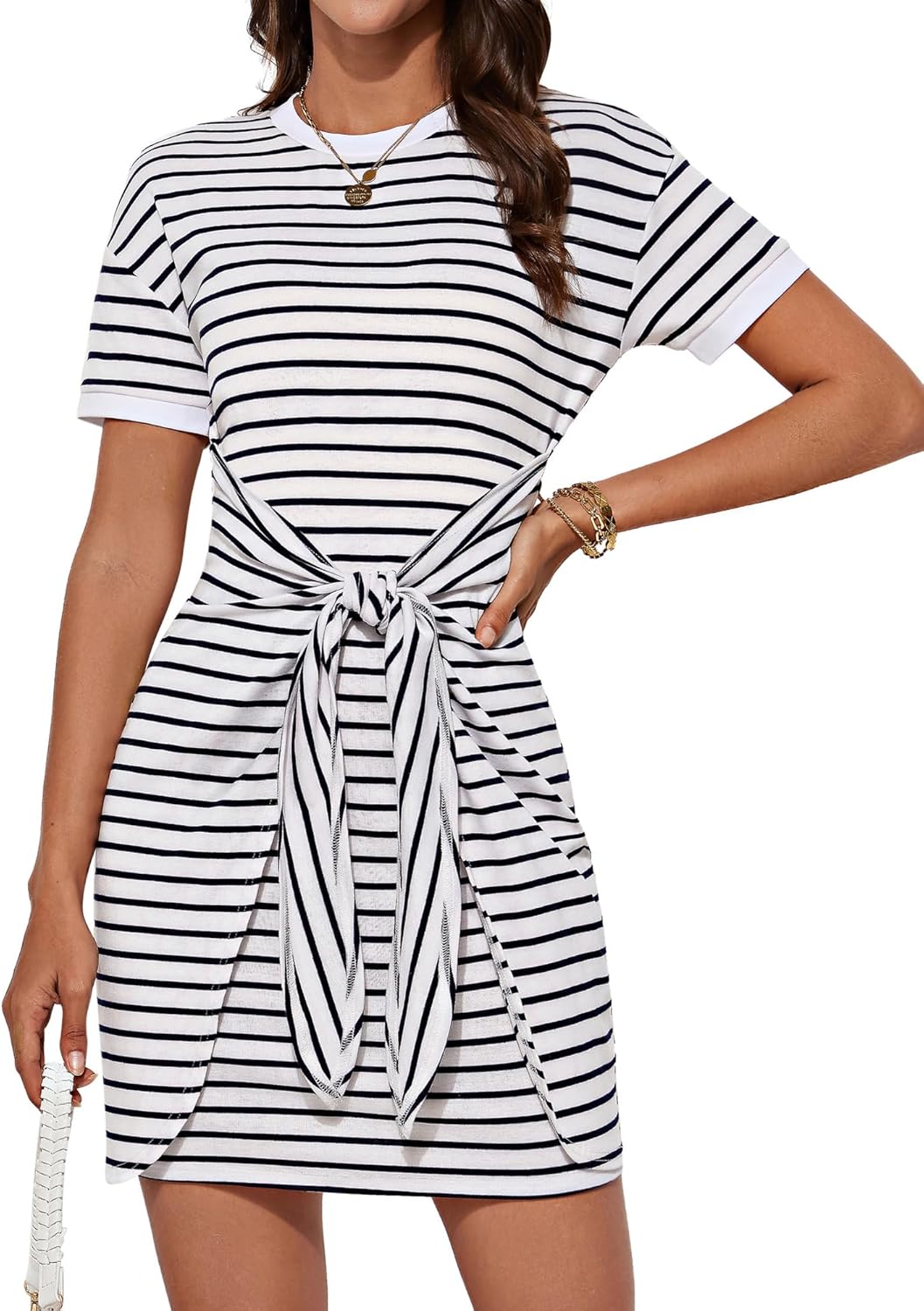 Striped Shirt Dresses for Women Front Tie Crewneck Wrap Dress Short Sleeve T-Shirt Casual Mini Bodycon Dress