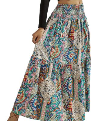 Women Boho Skirt Elastic High Waist Pleated A-Line Flared Maxi Skirts Women Flowy Long Skirts