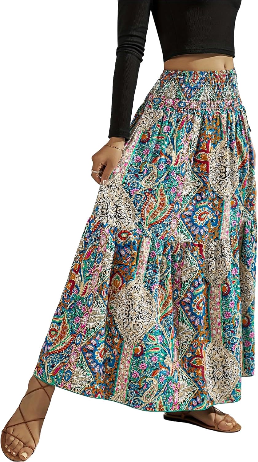 Women Boho Skirt Elastic High Waist Pleated A-Line Flared Maxi Skirts Women Flowy Long Skirts