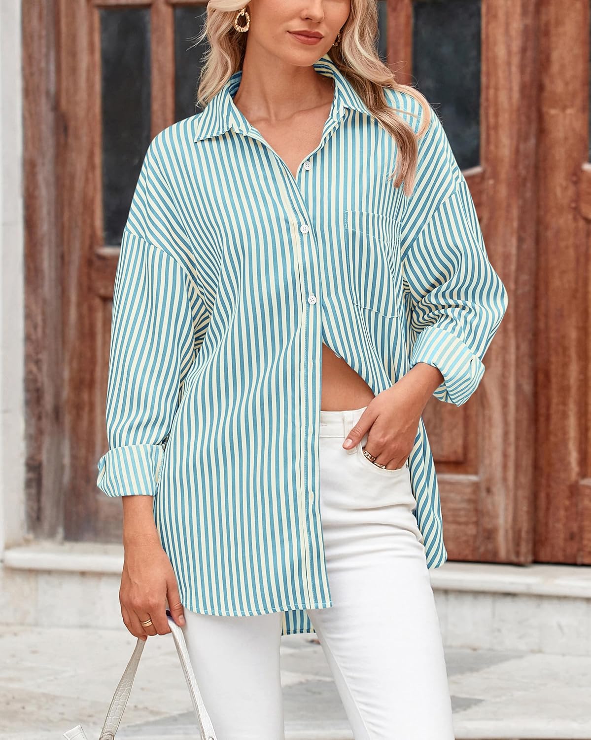 Womens Button Down Shirts Striped Shirt Long Sleeve Casual Collared Office Work Loose Fit Blouses Tops Pocket - Image 2