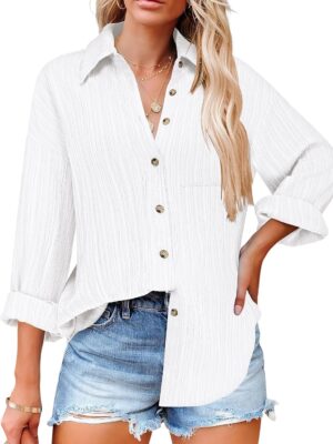 Womens Button Down Shirts Casual Long Sleeve Blouses V Neck Dress Shirt Textured Collared Work Tops with Pocket