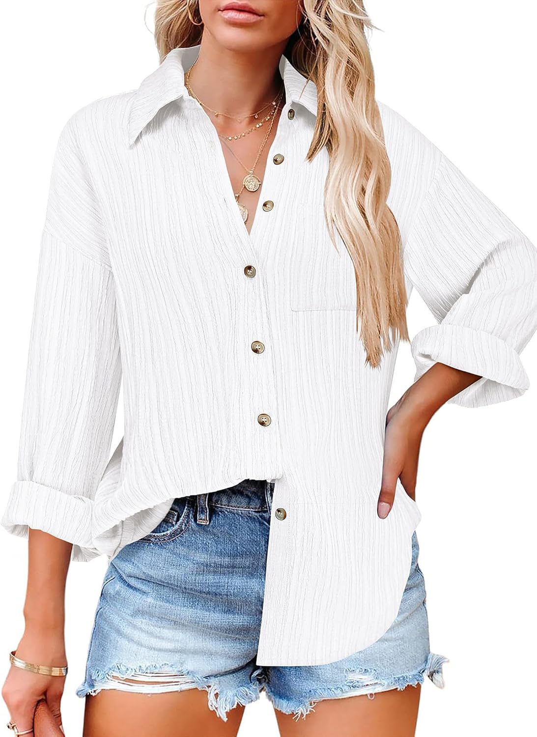Womens Button Down Shirts Casual Long Sleeve Blouses V Neck Dress Shirt Textured Collared Work Tops with Pocket